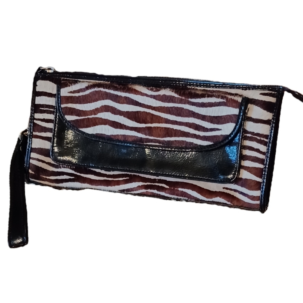 Talbots Black Leather Zebra Print Fur Wristlet/Clutch